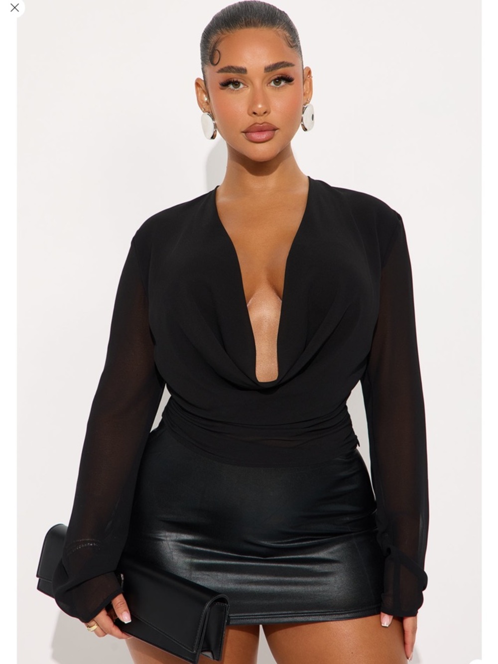 Women's Black Draped V-Neck Long Sleeve Top